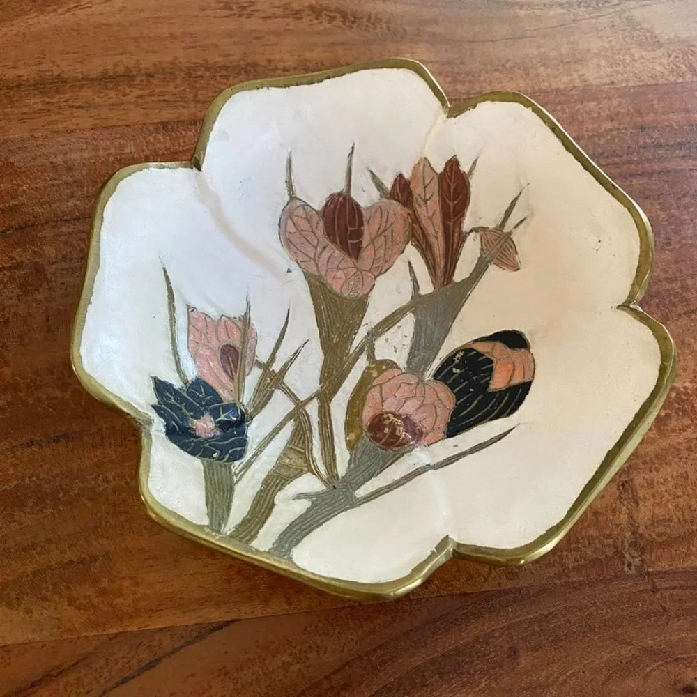 Vintage Handpainted Iris Flowers on Solid Brass Trinket Dish